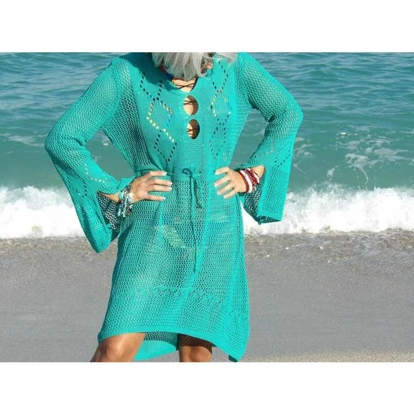Luxevana Dresses | Sexy Crochet Dress Cover Up Long Sleeve Hollow Out | Color: Green | Size: One Size | Luxevana's Closet